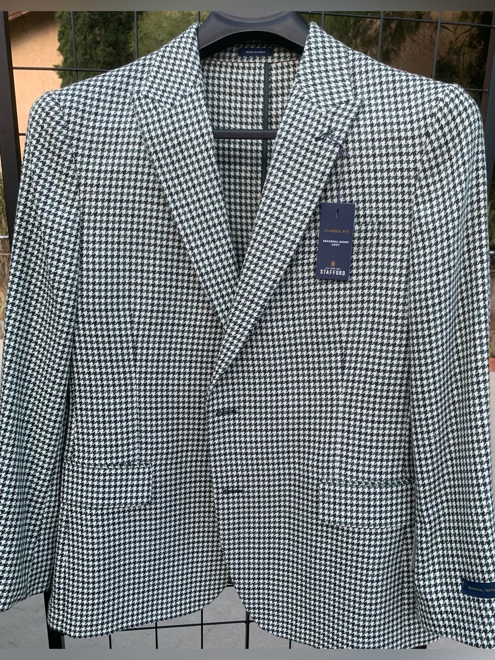 NWT Stafford Classic Fit Green & White Houndstooth Seasonal Sport Coat 46Long